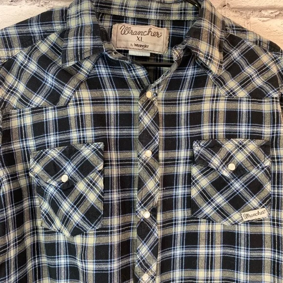 Wrangler Wrancher Vintage Blue Plaid Flannel Shirt w/ Pearl Snap Buttons size XL - Picture 8 of 10